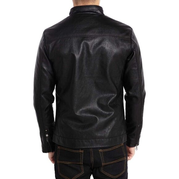 Men's Black Stand Collar Leather Motorcycle Lightweight Faux Leather Jacket - Picture 2 of 7